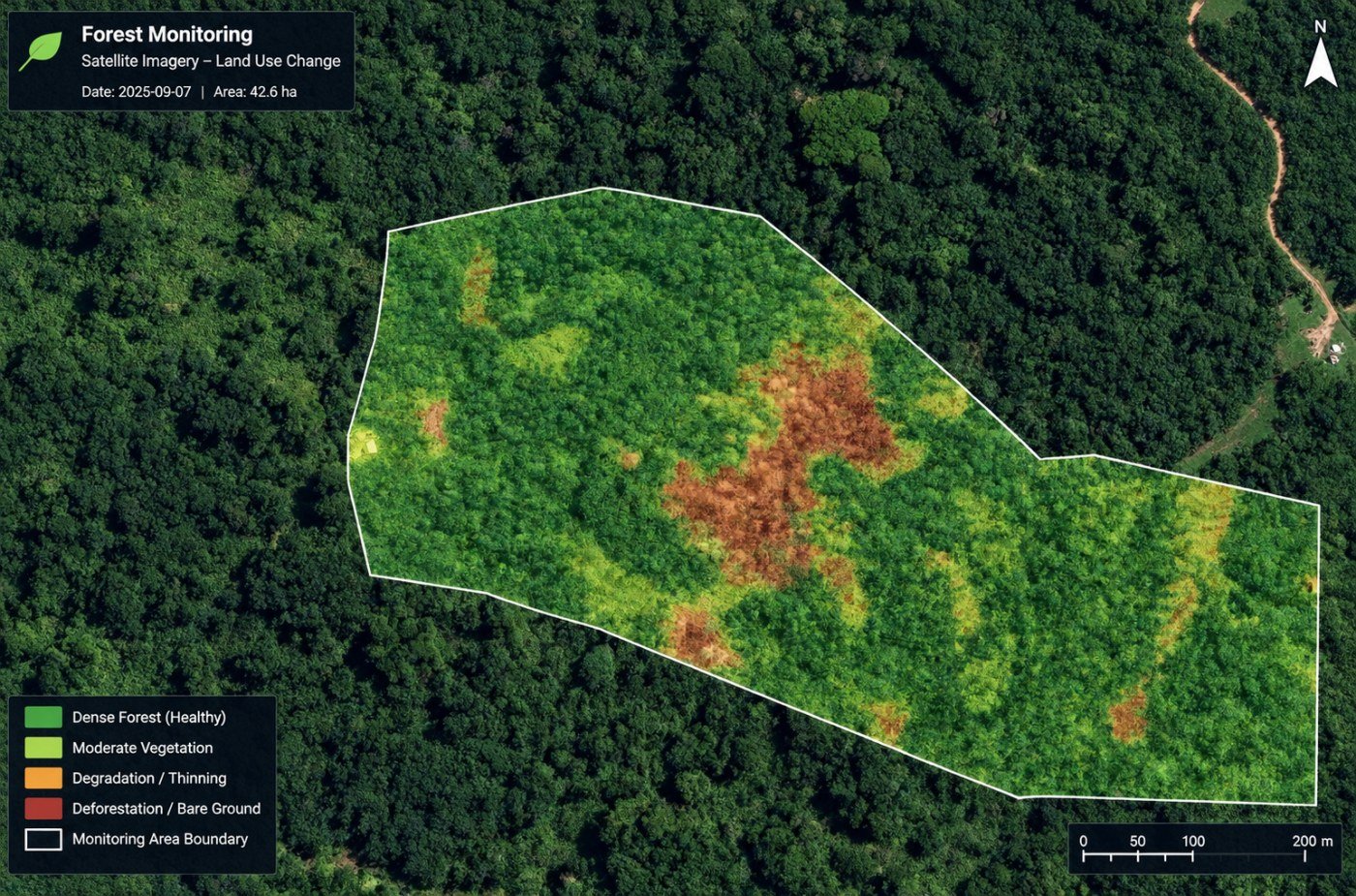 Satellite land-use change monitoring over a 42.6 ha forest project area, showing dense forest, moderate vegetation, degradation and deforestation classes